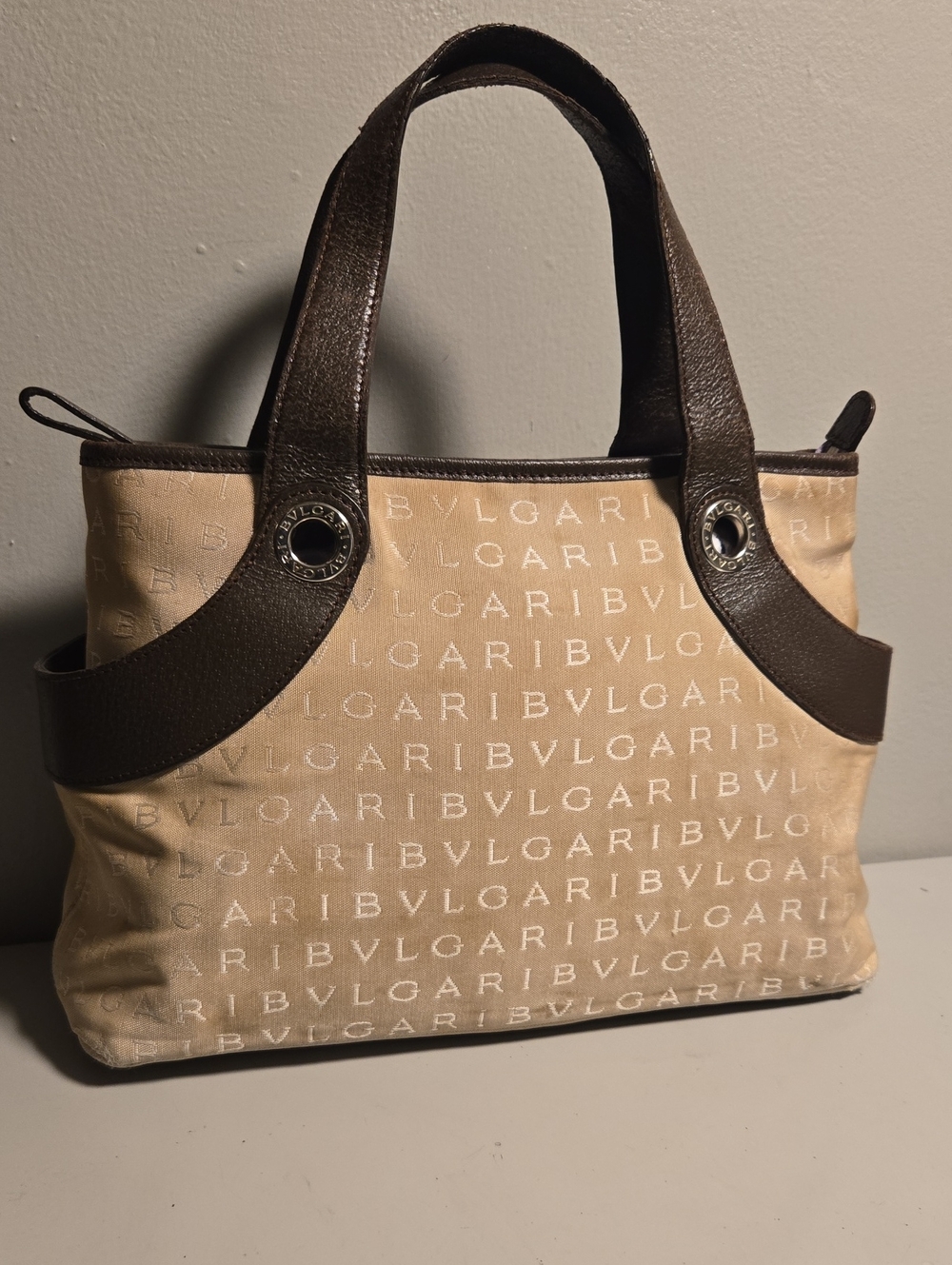 Bulgari Beige Canvas Tote with Brown Leather Trim